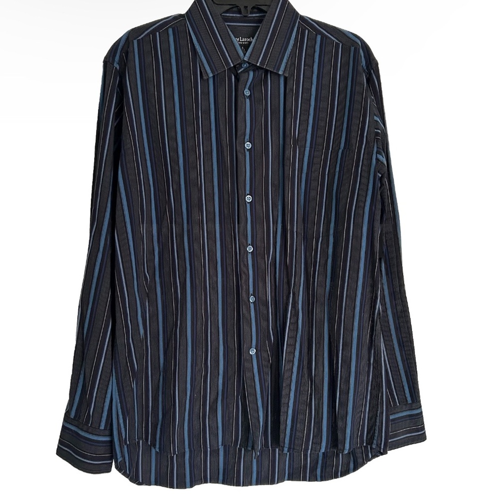 Guy Laroche Homme Mens Black Blue Striped Button Down Dress Shirt 100% Cotton L